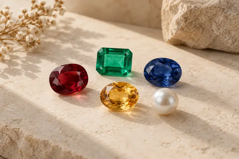 Illustrative selection of red, green, blue and yellow gemstones with a pearl