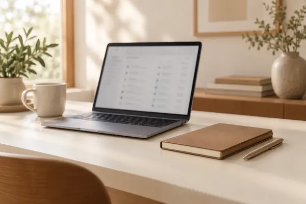 Laptop and notebook representing tools for an astrology practice